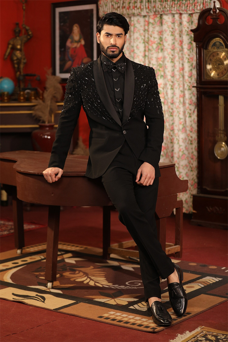 Formal Wear For Men Black Suit - Conjunto de traje negro con cristales